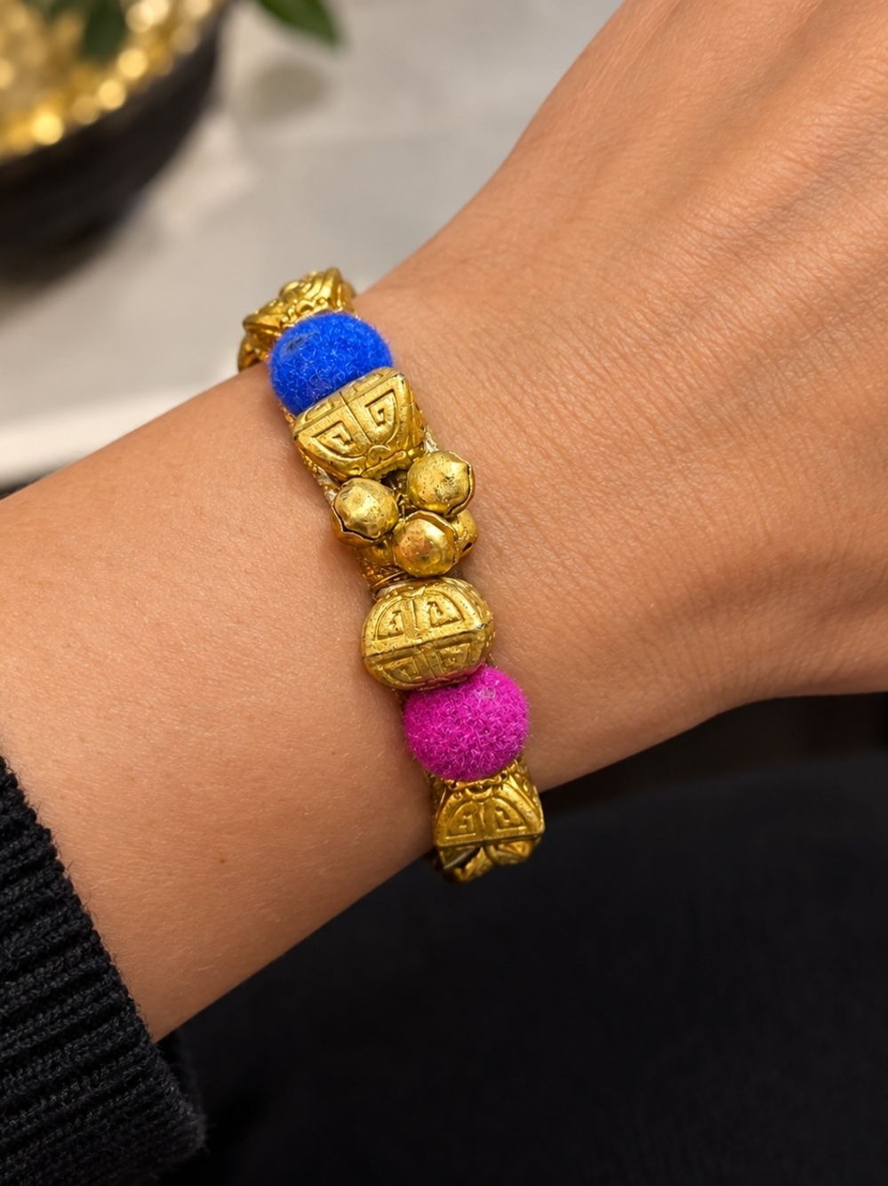 Gold-Tone Pom Pom & Bell Women's Bangle Bracelet - Multicolor